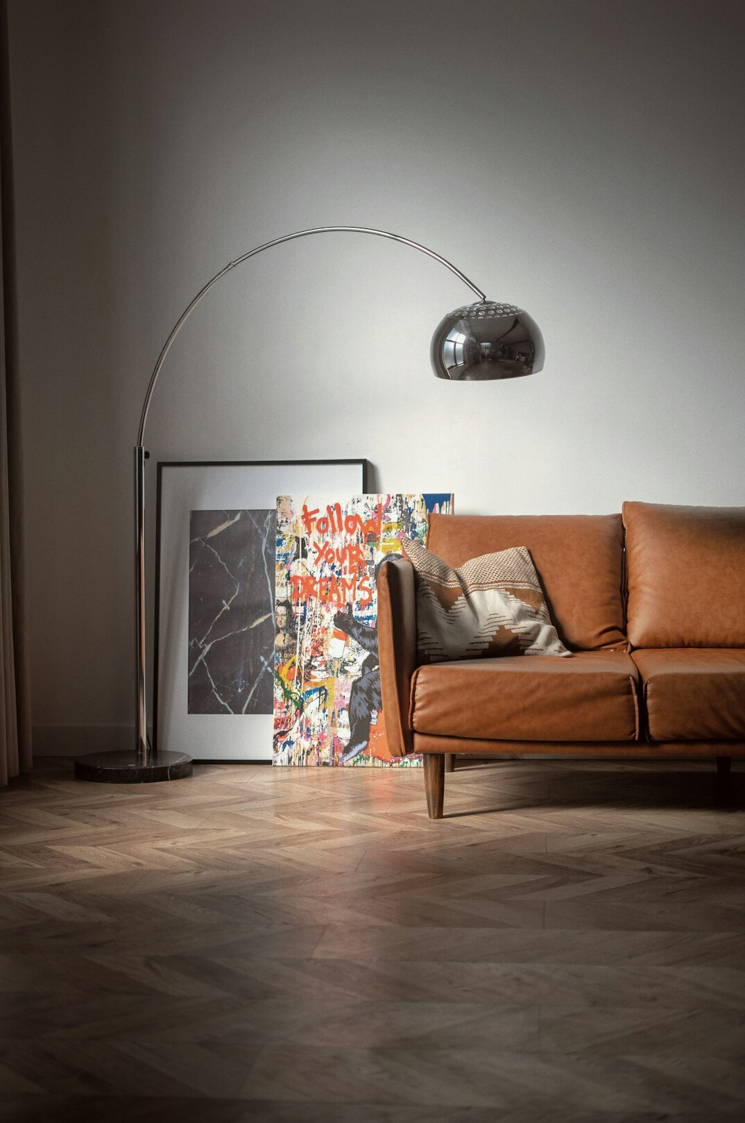 Modern apartment living room with sofa and lamp